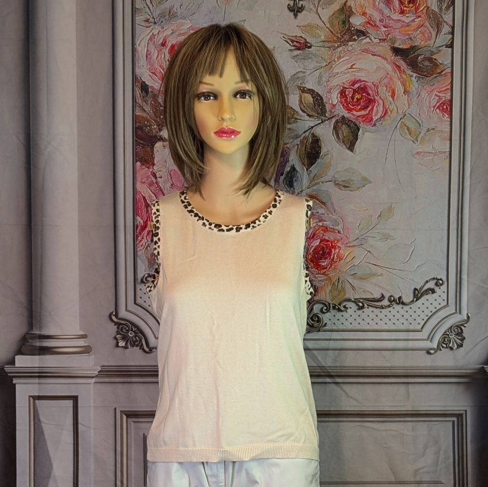 #018 Size:small, cream with leopard trim, sleeveless top, Christopher and Banks,